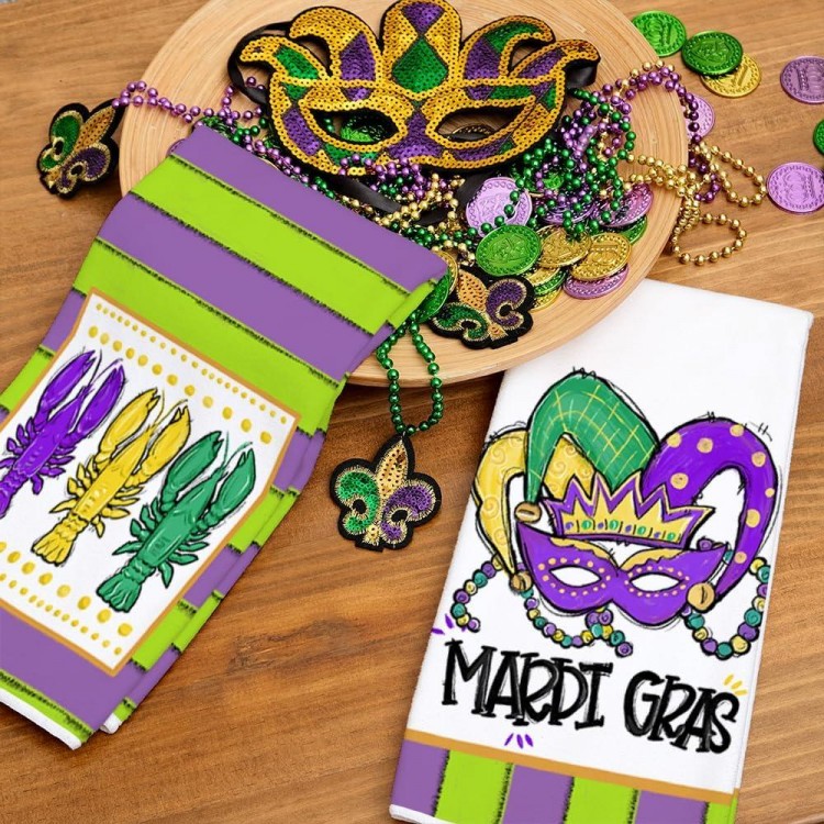 ARKENY Mardi Gras Kitchen Towels for Mardi Gras Decor Crawfish Masquerade Mask Dish Towels 18x26 Inch Ultra Absorbent Bar Drying Cloth Tea Sign Hand Towel for Mardi Gras Carnival Decorations Set of 2