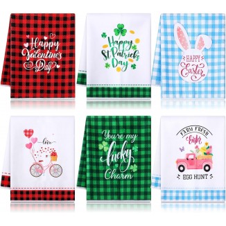 Remerry 6 Pcs Valentines Kitchen Towels 23.6 x 15.7 Inch Easter Bunny Red Valentine's Day Decoration Happy St. Patrick's Day Dish Towels Housewarming Gifts Multi-use Hand Tea Decorative Towel Set