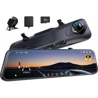 Pelsee P12 Pro 4K Mirror Dash Cam, 12'' Rear View Mirror Camera Smart Driving Assistant w/ADAS and BSD,2160P Front and Rear Camera,Voice Control,Night Vision,Parking Monitoring,Free 32GB Memory Card