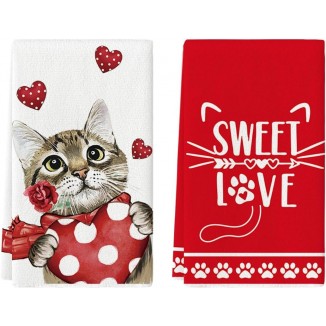 Artoid Mode Red Cat Heart Scarf Sweet Love Valentine's Day Kitchen Towels Dish Towels, 18x26 Inch Anniversary Wedding Decoration Hand Towels Set of 2