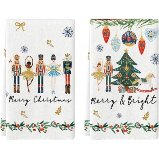 Artoid Mode Nutcrackers Xmas Balls and Trees Merry Christmas Kitchen Towels Dish Towels, 18x26 Inch Snowflakes Decoration Hand Towels Set of 2