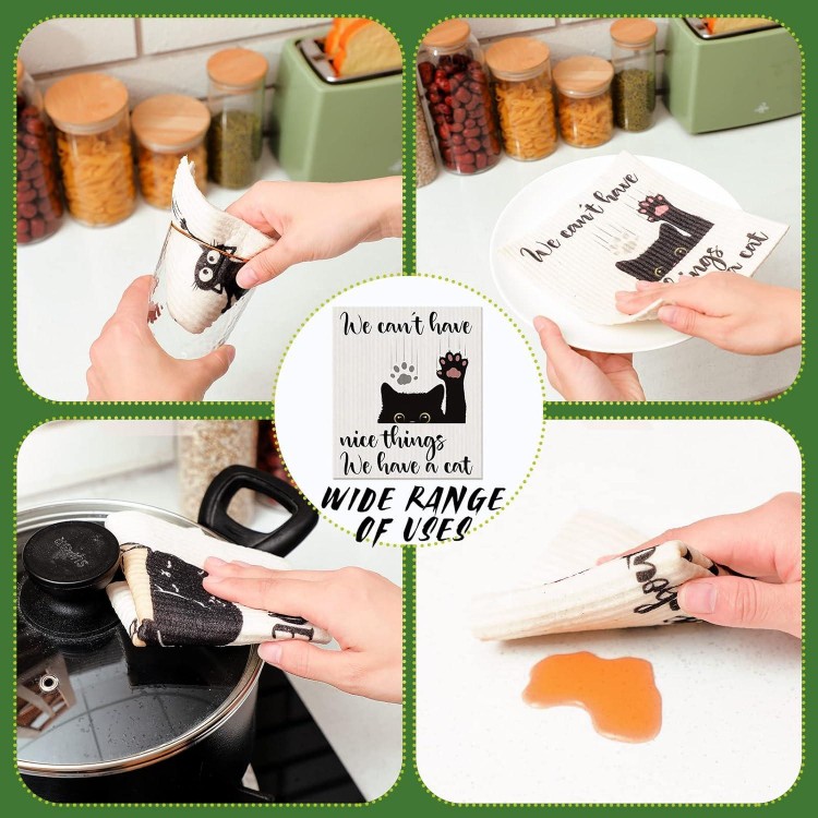 Funtery Cat Swedish Kitchen Dishcloths, 8 Pcs, Wooden, Absorbent, Quick Drying, Suitable for Daily Use, Cat Lover Gifts