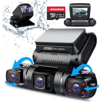 PRUVEEO Dash Cam, 4 Channel Camera FHD 1080Px4, Front, Left, Right and Rear, Front and Rear Inside, Built in GPS WiFi, 256 GB Max, Free 128GB Card, D90-4CH