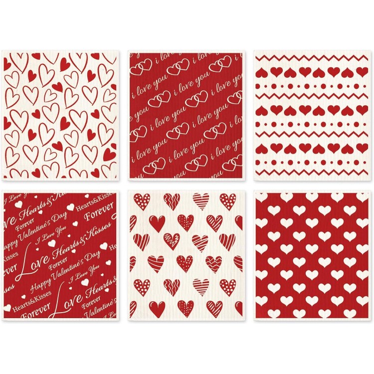 AnyDesign 6 Packs Valentine's Day Swedish Dishcloths Red White Heart Kitchen Dish Towel Reusable Washable Cotton Kitchen Towels for Home Party Cleaning Housewarming, 7 x 8 Inch