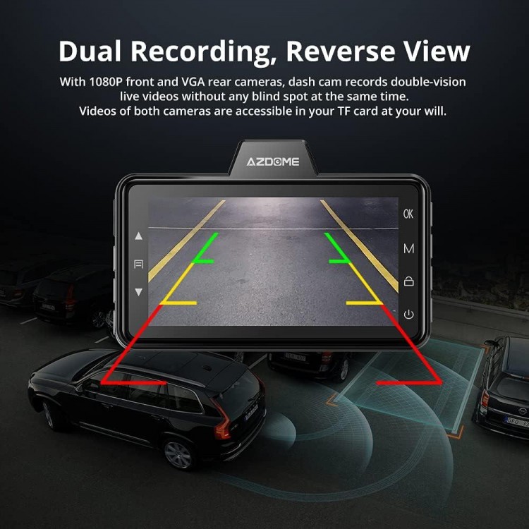 AZDOME Dual Dash Cam Front and Rear, 3 inch 2.5D IPS Screen Free 64GB Card Car Driving Recorder, 1080P FHD Dashboard Camera, Waterproof Backup Camera Night Vision, Park Monitor, G-Sensor, for Car Taxi