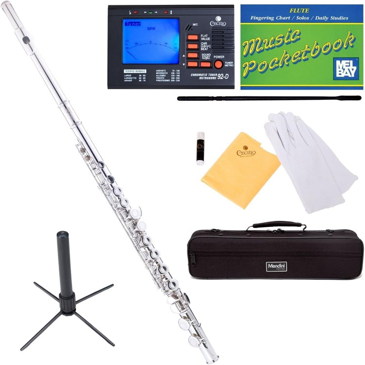 Mendini Nickel Silver Closed Hole C Flute With Tuner, Stand