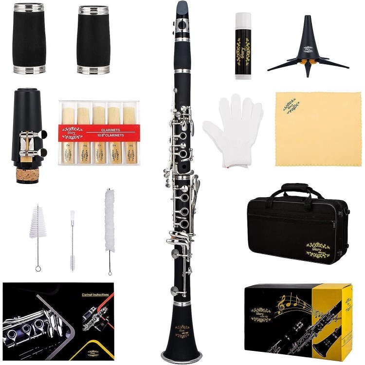 Glory GLY-PBK Professional Ebonite Bb Clarinet with 10 Reeds, Stand