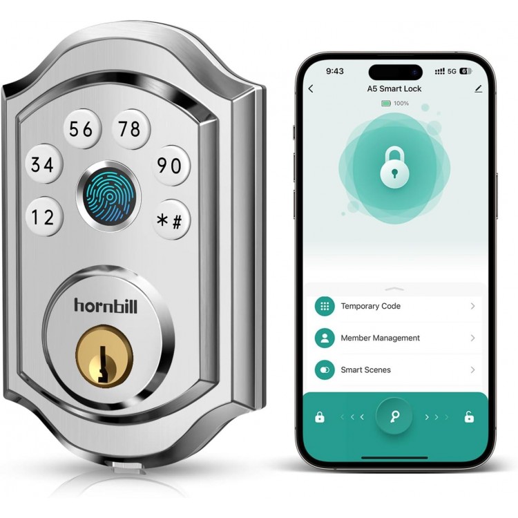 Silver Hornbill Smart Lock with Fingerprint Electronic Digital Bluetooth Deadbolt