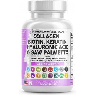 Collagen Pills 1000mg Biotin 10000mcg Keratin Saw Palmetto 2500mg Hyaluronic Acid 