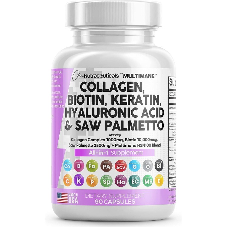 Collagen Pills 1000mg Biotin 10000mcg Keratin Saw Palmetto 2500mg Hyaluronic Acid 