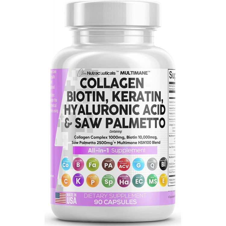 Collagen Pills 1000mg Biotin 10000mcg Keratin Saw Palmetto 2500mg Hyaluronic Acid 