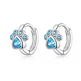 Dog Paw Small Hoop Earrings: Blue Crystal Accents, Perfect for Women and Girls