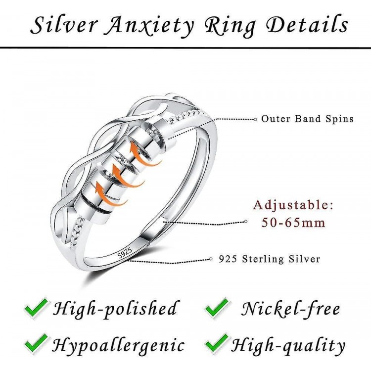 Sterling Silver Anxiety Relief Rings with Beads Spinner