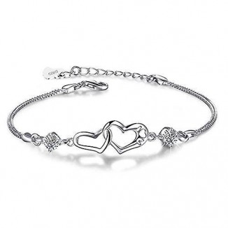 Silver Bracelet Featuring Double Heart Charm Pendant in 925 Sterling Silver