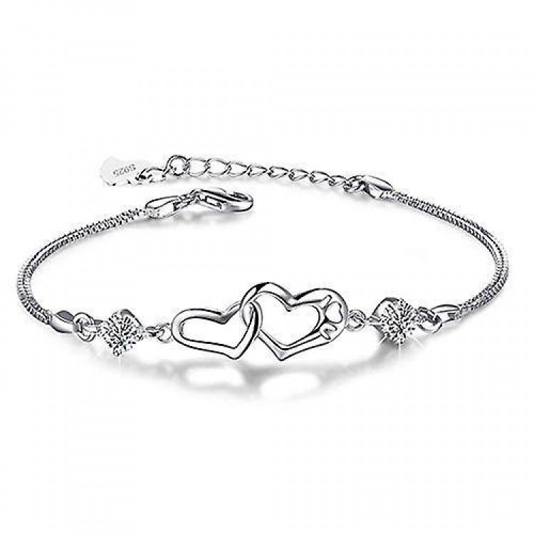 Silver Bracelet Featuring Double Heart Charm Pendant in 925 Sterling Silver