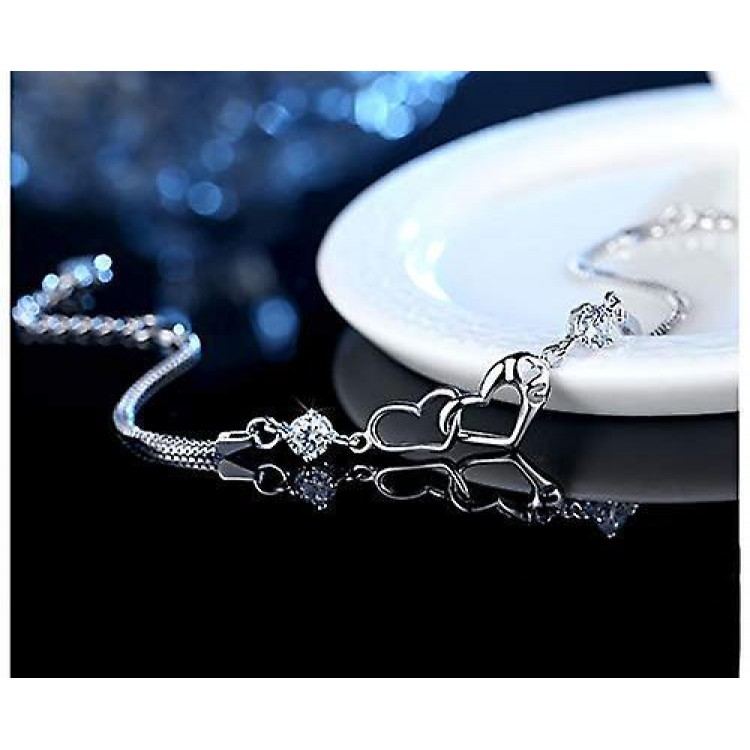 Silver Bracelet Featuring Double Heart Charm Pendant in 925 Sterling Silver