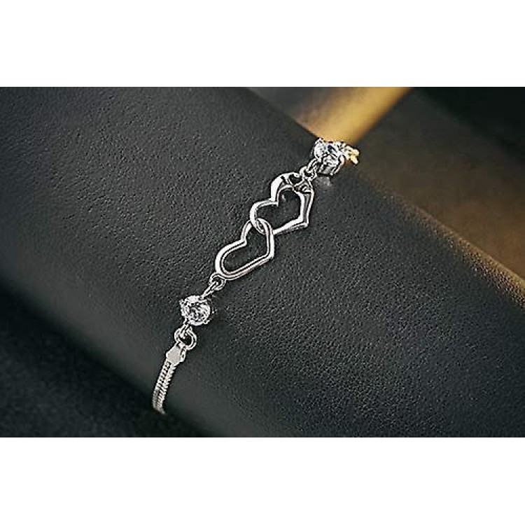 Silver Bracelet Featuring Double Heart Charm Pendant in 925 Sterling Silver