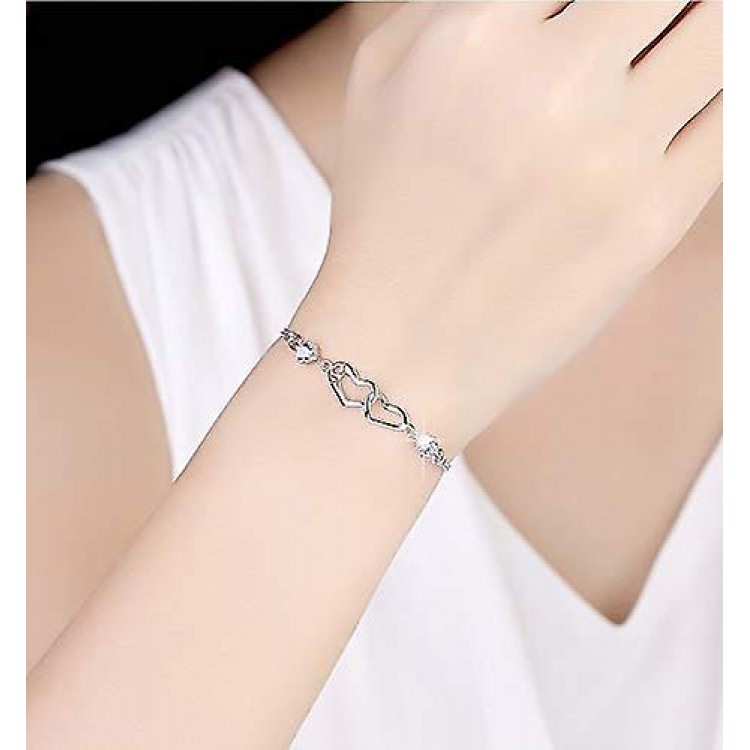 Silver Bracelet Featuring Double Heart Charm Pendant in 925 Sterling Silver