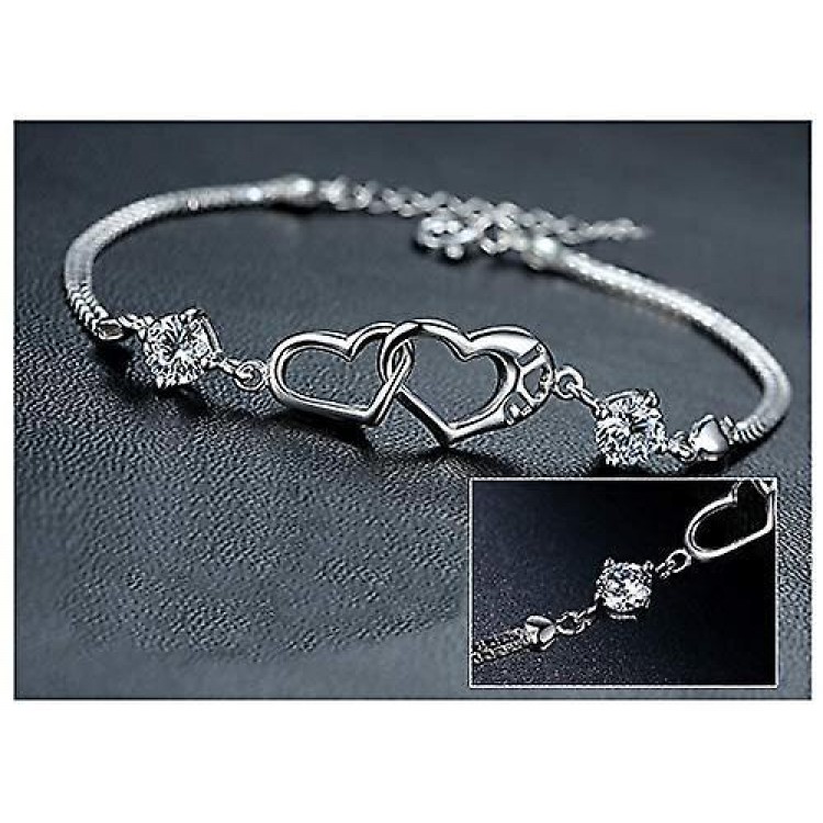 Silver Bracelet Featuring Double Heart Charm Pendant in 925 Sterling Silver