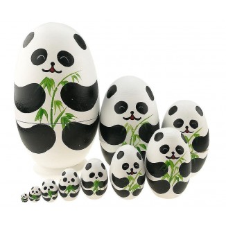Set 10 Pcs Cute Panda Egg Shape Wooden Stacking Toy Handmade Nesting Dolls