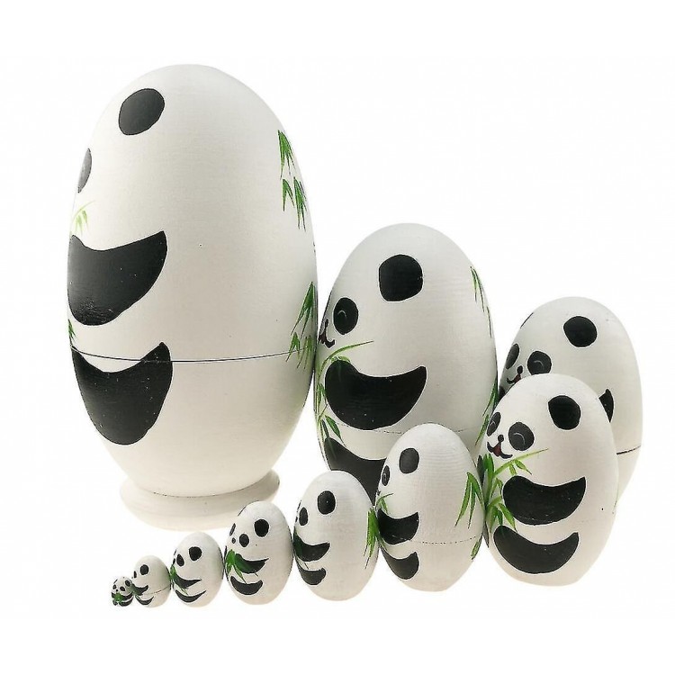 Set 10 Pcs Cute Panda Egg Shape Wooden Stacking Toy Handmade Nesting Dolls