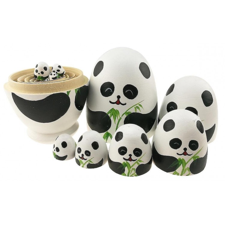 Set 10 Pcs Cute Panda Egg Shape Wooden Stacking Toy Handmade Nesting Dolls