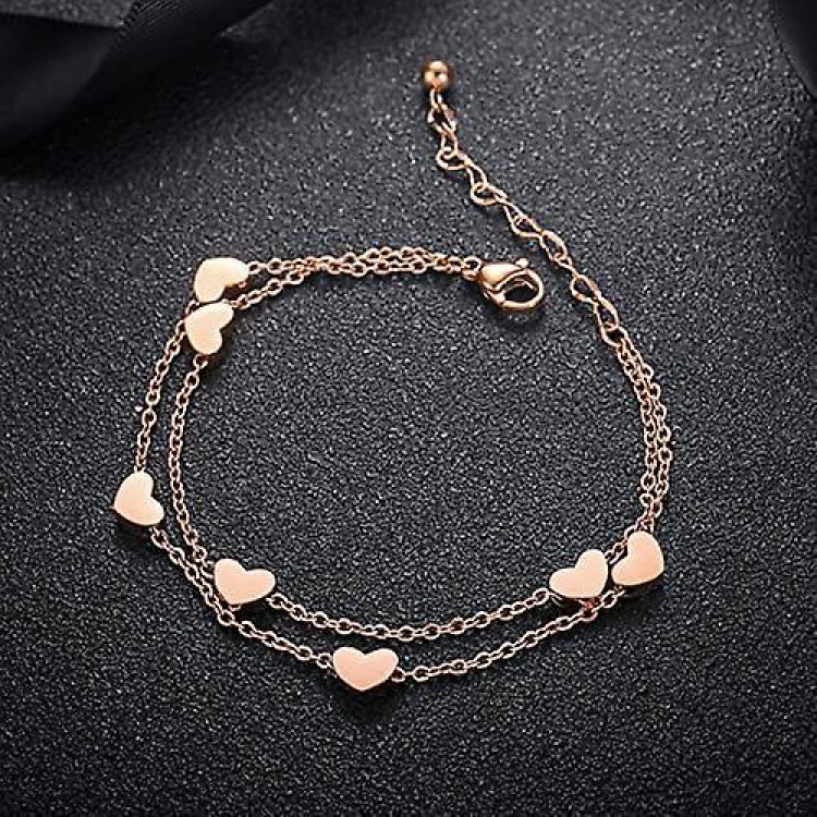 Rose Gold Layered with Heart Pendants on a Double Stainless Steel Titanium Chain