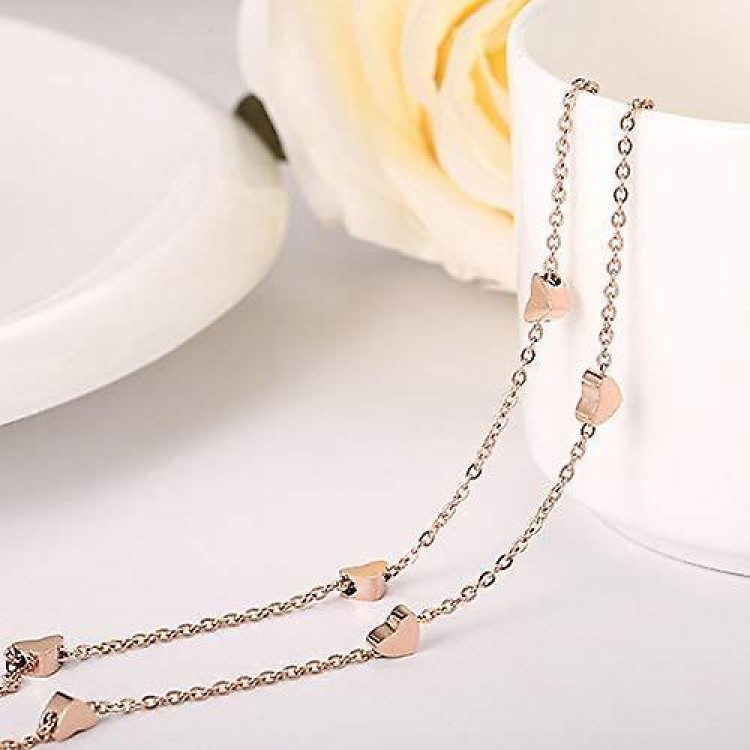 Rose Gold Layered with Heart Pendants on a Double Stainless Steel Titanium Chain