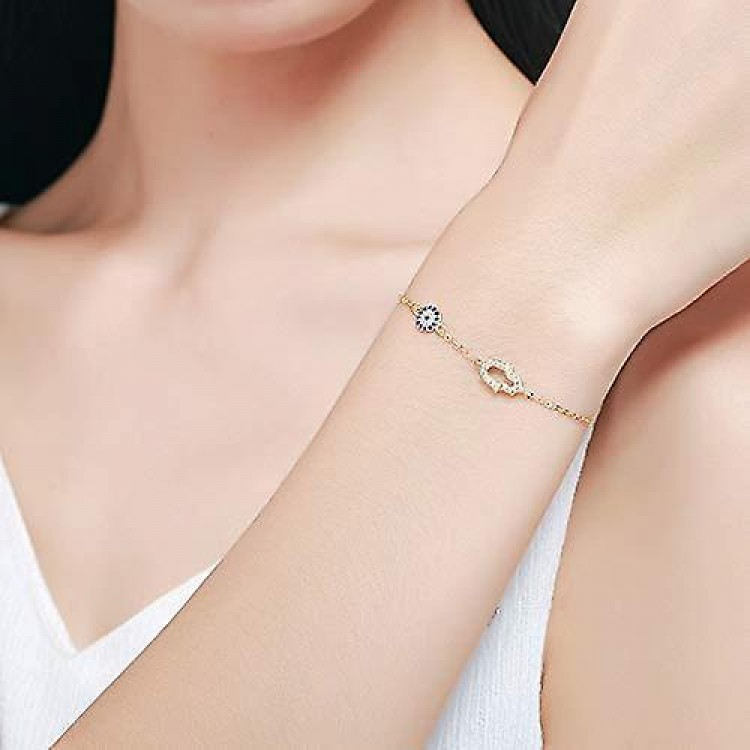 Golden Evil Eye Hamsa Hand of Fatima Bracelet in Sterling Silver 925