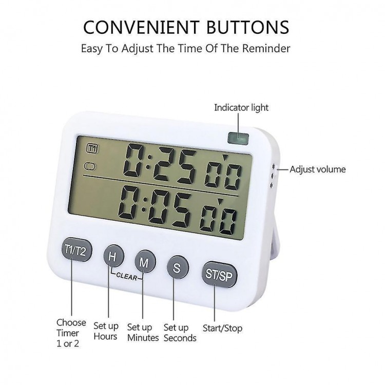 Dual Digital Timer with 3-Level Adjustable Alarm Volume and On/Off Switch