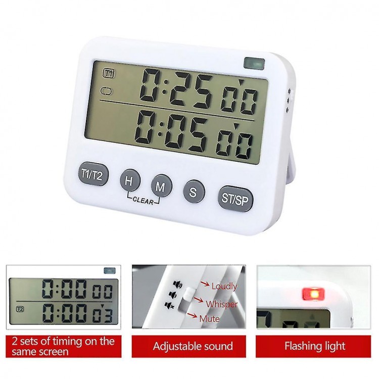 Dual Digital Timer with 3-Level Adjustable Alarm Volume and On/Off Switch