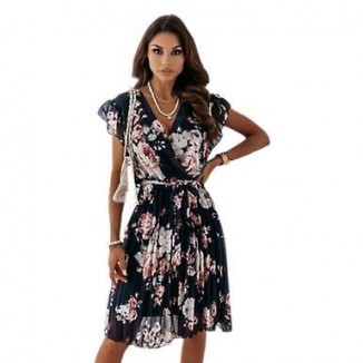 Floral Chiffon Dress - Sexy Deep V-neck with Ruffle Sleeves A-line Dress