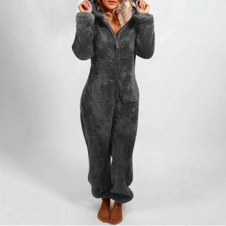 Women's Winter Fluffy Fleece Hooded All-in-One Jumpsuit