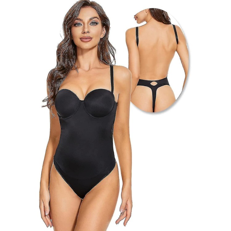 Backless Body Shaper for Women-Push Up Bra and Low Back Thong Bodysuit