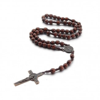 Catholic Cross Necklace - Natural Wood Prayer Beads with Medal Cross.
