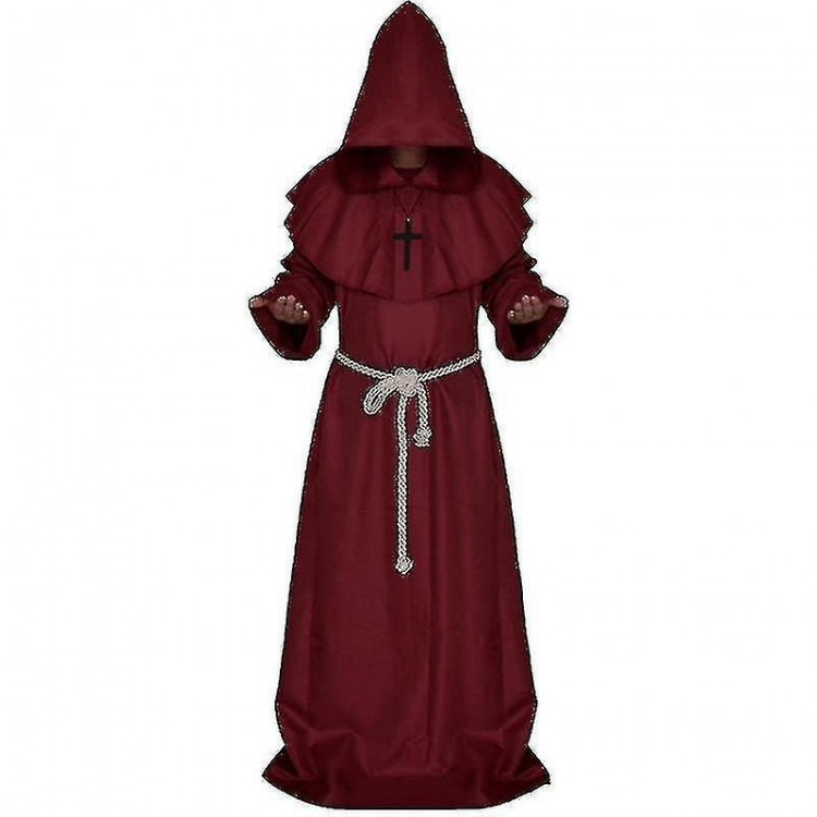 Monk Hooded Robe Cloak Cape Friar Medieval Priest   Costume Red Ver.