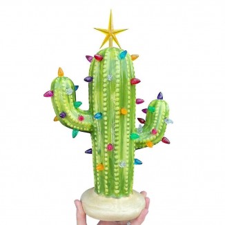 Vintage Ceramic Christmas Cactus Light Up Statue Sculpture Desktop Decor Home Orament Gift