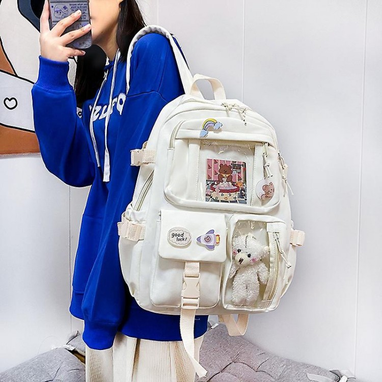 Aesthetic School Bags With Kawaii Pin And Cute Accessories