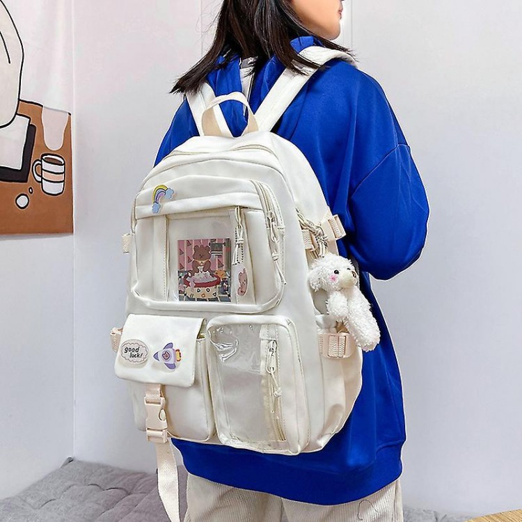 Aesthetic School Bags With Kawaii Pin And Cute Accessories