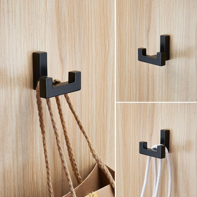 2 Pcs Wall Hook Coat Hook - Black Matte Double Hooks for Entryway, Kitchen, Bathroom - Heavy-Duty Hooks for Bathroom Accessories