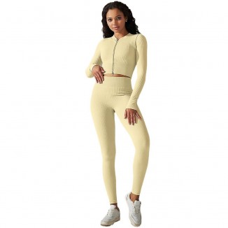 Solid Color Long-Sleeve Zipper T-Shirt Yoga Clothes Suit Exercise