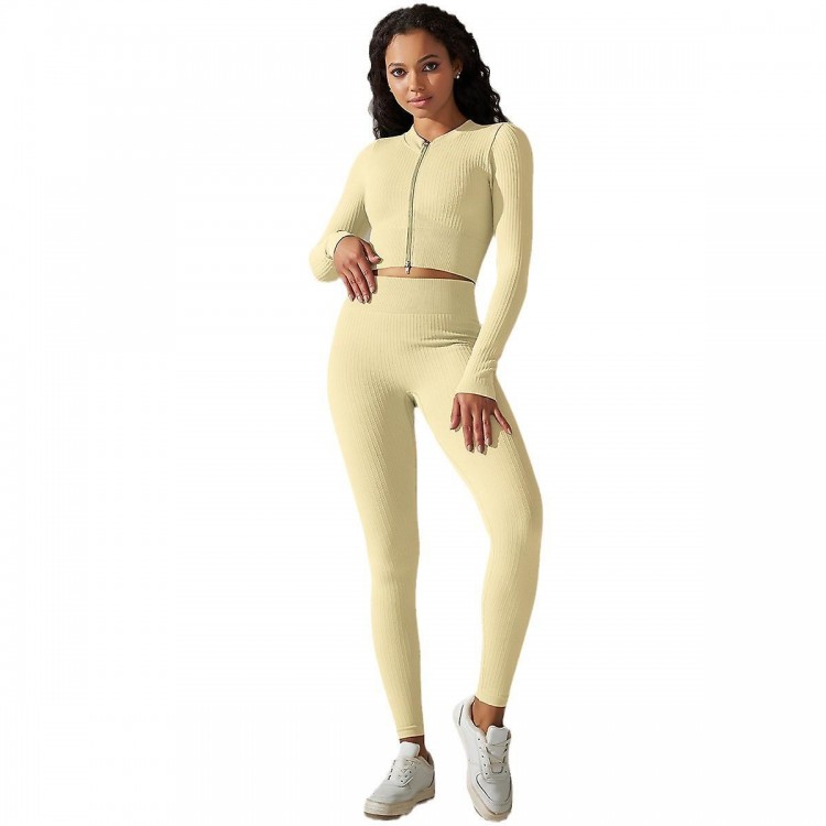 Solid Color Long-Sleeve Zipper T-Shirt Yoga Clothes Suit Exercise