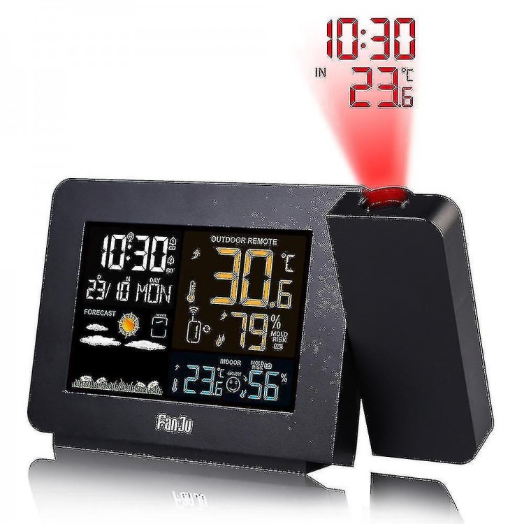 Projection Alarm Clock with Built-in Outdoor Wireless Sensor and Weather Station - Dual Alarms for Bedroom - LCD Display with Date and Time