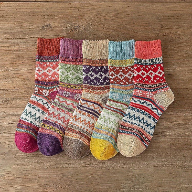 Women's Geometric Pattern Socks - Retro Ethnic Style, Comfy & Warm