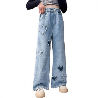 Girls Wide Leg Denim Pants - Heart Pattern Print Jeans with Elastic