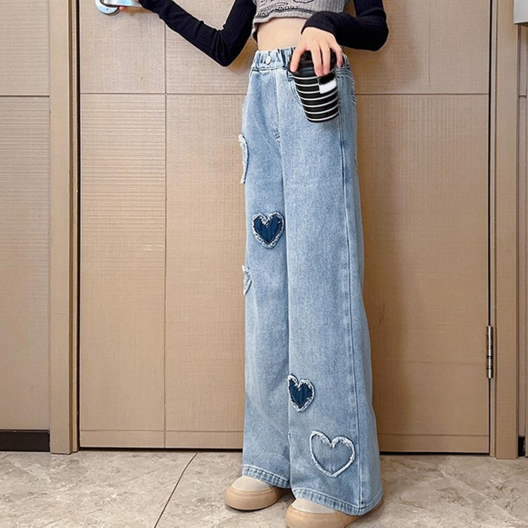 Girls Wide Leg Denim Pants - Heart Pattern Print Jeans with Elastic