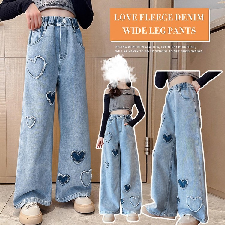Girls Wide Leg Denim Pants - Heart Pattern Print Jeans with Elastic