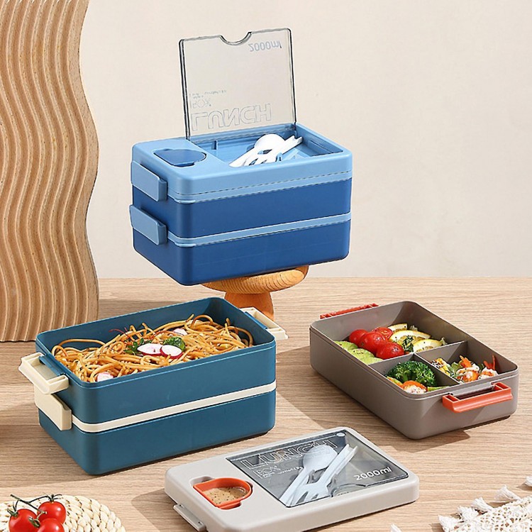 Lunch Box with Fork Spoon Sauce Box Cutlery Holder Double Layer Students Bento Food Container