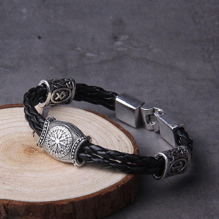 Vintage Viking Amulet Bracelet - Men's Helm Of Awe Runes Beads