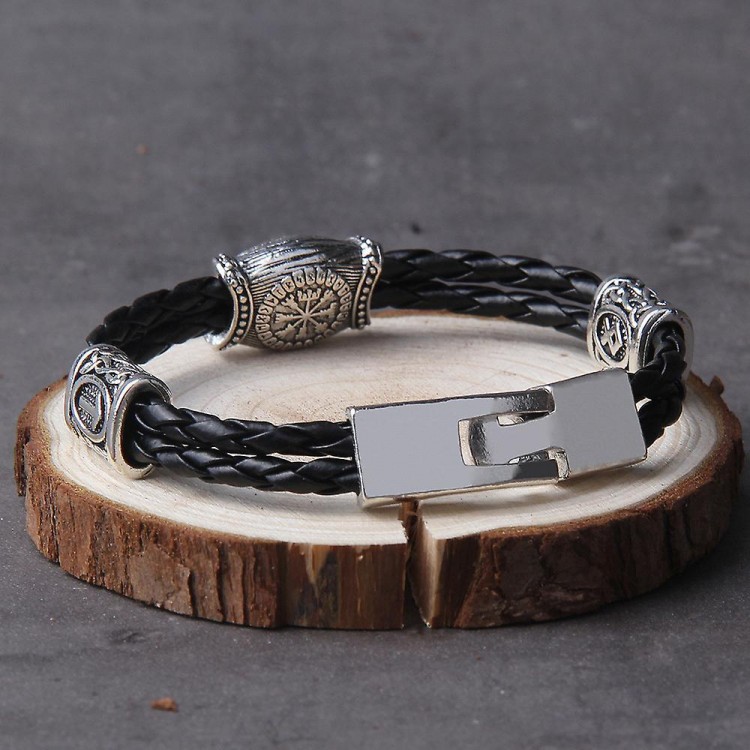 Vintage Viking Amulet Bracelet - Men's Helm Of Awe Runes Beads